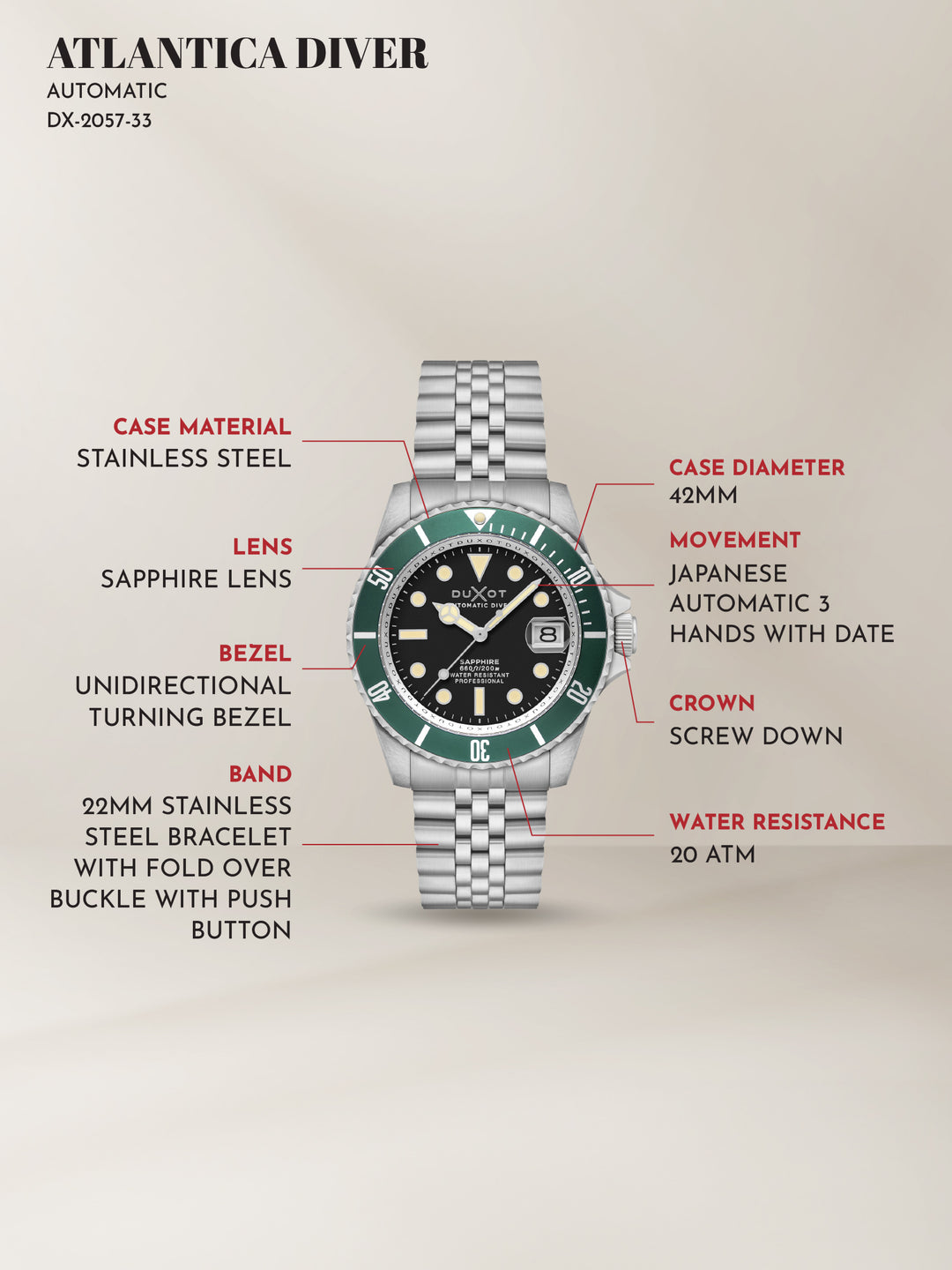 Duxot Atlantica Diver Automatic 24 Jewels Men's Watch -  DX-2057-33