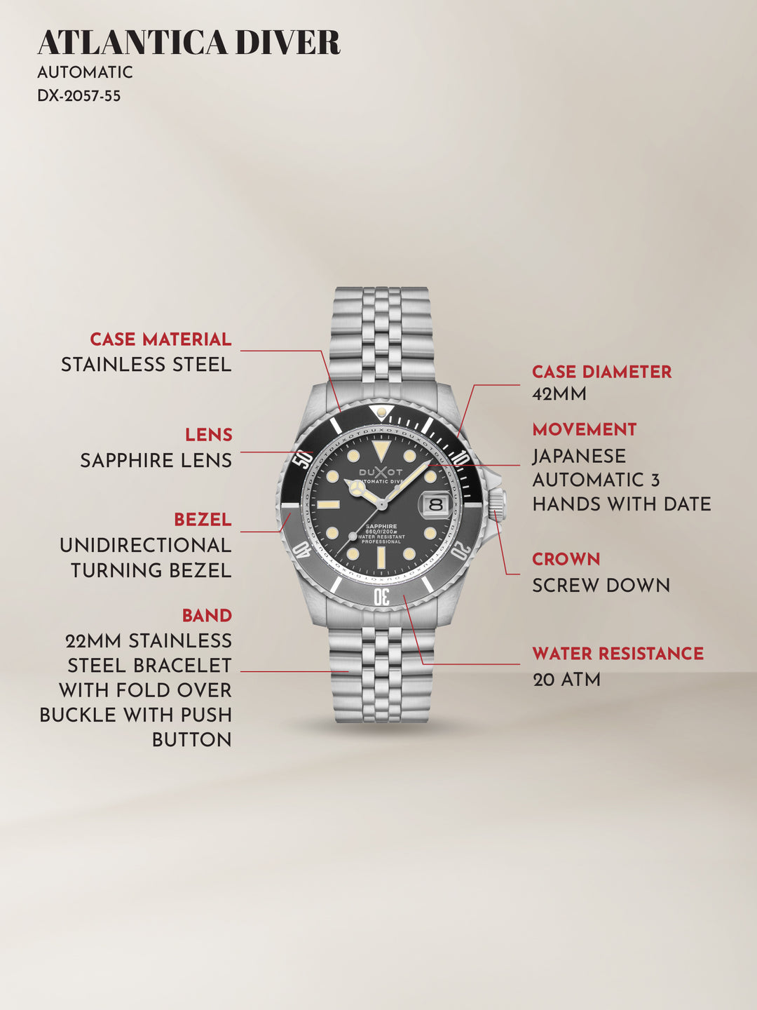 Duxot Atlantica Diver Automatic 24 Jewels Men's Watch -  DX-2057-55
