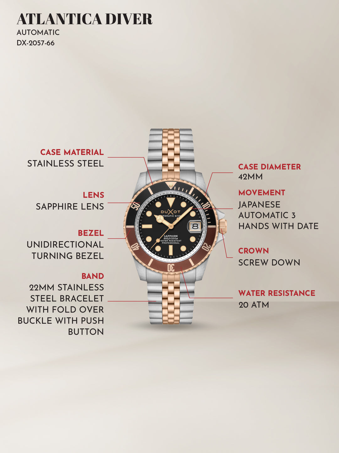 Duxot Atlantica Diver Automatic 24 Jewels Men's Watch -  DX-2057-66