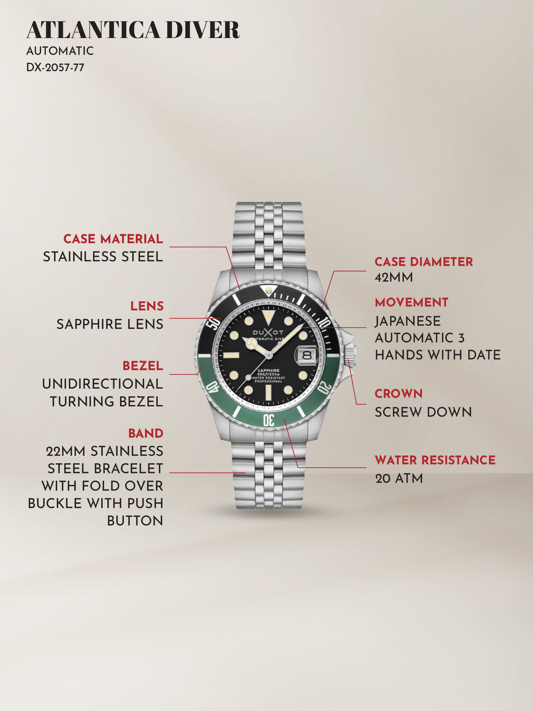 Duxot Atlantica Diver Automatic 24 Jewels Men's Watch -  DX-2057-77